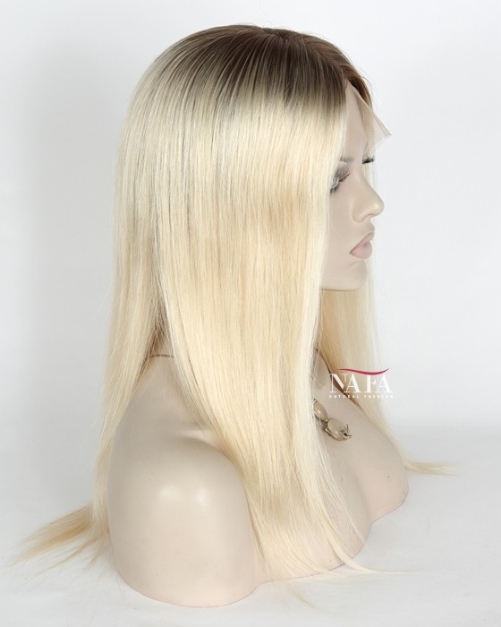 14 Inch Ombre Straight Human Hair Blonde Wig with Brown Roots