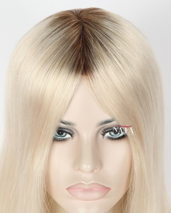 Medium Shoulder Length Blonde Wig With Brown Roots Platinum Blonde Wig