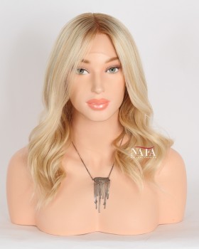 14-Inch Beach Wave Lace Front Blonde Human Hair Shoulder Length Wig