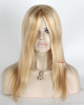 14-Inch European Human Hair Blonde with Brown Highlights Wig