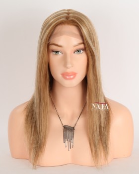 14-Inch Light Brown Silk Top Human Hair Wig With Highlights