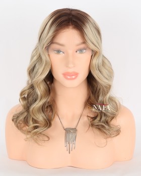 16-Inch Ash Blonde Hair With Brown Lowlights Ombre Human Hair Wig