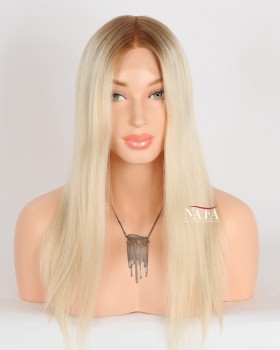 16-Inch Brown roots blonde Hair Straight Ombre Lace Front Wig