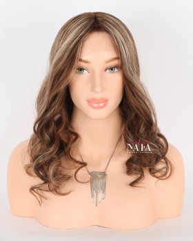 16-Inch Caramel Highlight Hair Beach Curly Glueless Lace Wig