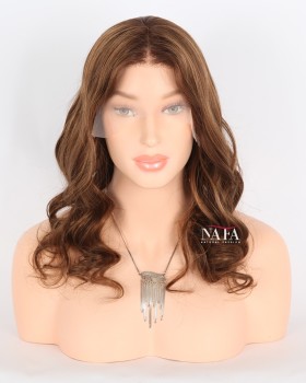 16-Inch Dark Chocolate Brown Human Hair Wavy Wig with Highlights