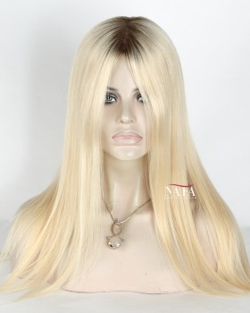 16-Inch Glueless Blonde Human hair Wig with Brown Roots