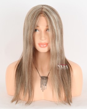 16-Inch Light Brown Glueless Wig with Blonde Highlights