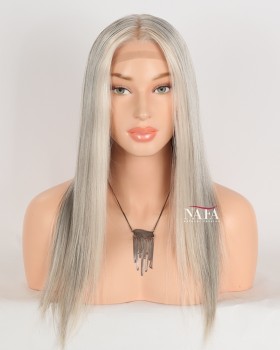 16-Inch Long Silver Grey Human Hair Wig for Women