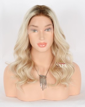 16-Inch Ombre Brown to Platinum Blonde Wavy Human Hair Wig