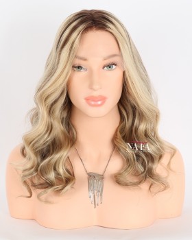 16-Inch Ombre Brown With Blonde Highlights Real Hair Wig for Women