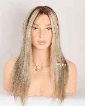 16-Inch Pre-Plucked Ash Blonde Hair Glueless Wig with Brown Roots 