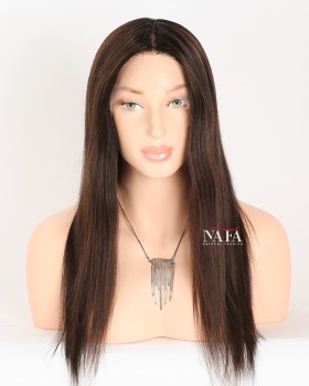 16-Inch Straight Black Human Hair Wig With Brown Highlights Streaks