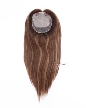 16 All One Length Silk Base Orange Brunette Human Hair Topper for Women