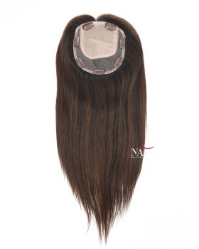 16 Inch Black Hair and Brown Highlights Silk Base Hair Topper for Women