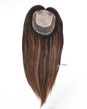 16 Inch Black Hair Color with Brown Highlights Silk Base Female Hair Topper