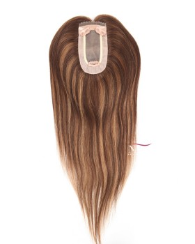 16 Inch Black with Brown Highlights Human Hair Piece for Top of Head