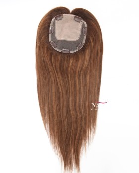 16 Inch Lighter Highlights for Chestnut Brown Hair Silk Base Human Hair Topper for Women