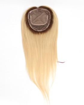 16 Inch Silk Base Blonde Hair Topper with Dark Roots for Hair Loss