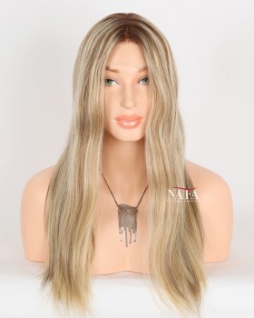18-Inch Human Hair Lace Front Brown Wig with Blonde Highlights
