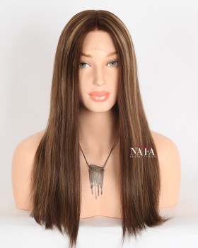 18-Inch Straight Brown Highlights Frontal Human Hair Wig 