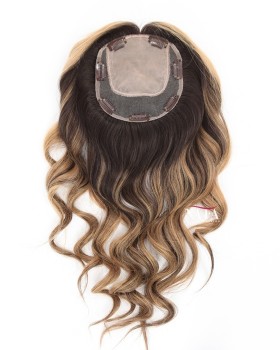 18 Blonde Wavy Silk Base Hair Topper with Dark Roots