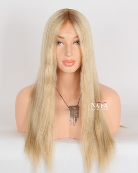 20-Inch Brown Roots Blonde 613 Human Hair Wig