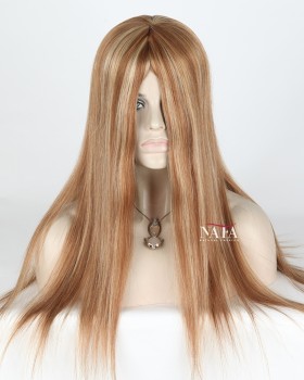 20-Inch Straight Human Hair Golden Brown with Blonde Highlights Wig