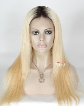 20 Inch 613 Honey Blonde Lace Front Wig With Dark Roots Human Hair Ombre Wig