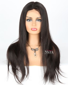 Real Hair Wigs Long Straight Black Dark Brown Wig