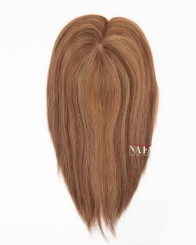 12 All One Length Light Brown Highlights on Dark Brown Silk Topper Hair for Women