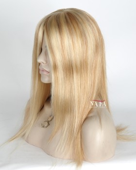 14-Inch European Human Hair Blonde with Brown Highlights Wig