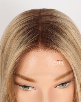14-Inch Mid Length Ombre Brown Roots Orange Wig 