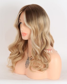 16-Inch Beach Curl Skunk Stripe Ombre Human Hair Wig