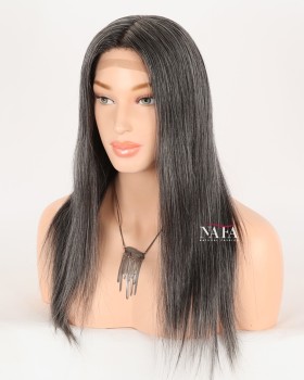 16-Inch Black Gray Human Hair Wig for Older Ladies