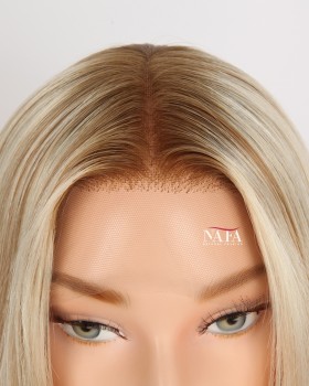 16-Inch Brown Roots Blonde Lace Front Human Hair Wig