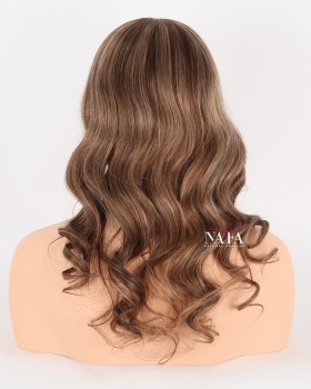 16-Inch Caramel Highlight Hair Beach Curly Glueless Lace Wig