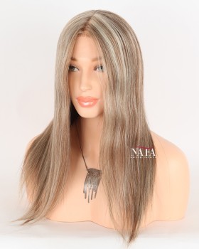 16-Inch Light Brown Glueless Wig with Blonde Highlights