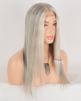 16-Inch Long Silver Grey Human Hair Wig for Women