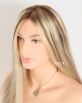 16-Inch Pre-Plucked Ash Blonde Hair Glueless Wig with Brown Roots 