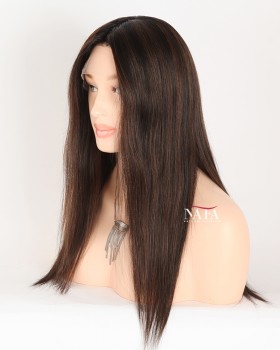16-Inch Straight Black Human Hair Wig With Brown Highlights Streaks