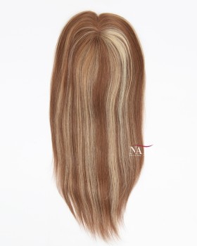 16 Inch Brown with Blonde Highlights Mono Top Hair Topper for Hair Loss