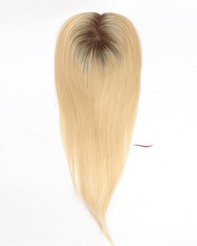 16 Inch Silk Base Blonde Hair Topper with Dark Roots for Hair Loss