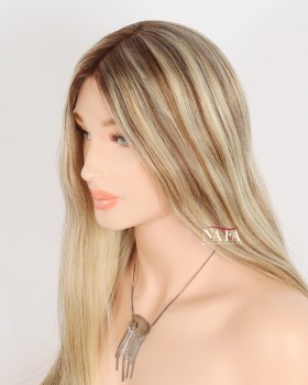 18-Inch Human Hair Lace Front Brown Wig with Blonde Highlights