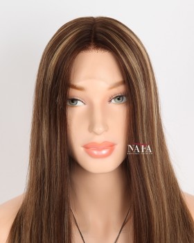 18-Inch Straight Brown Highlights Frontal Human Hair Wig 