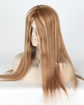20-Inch Straight Human Hair Golden Brown with Blonde Highlights Wig