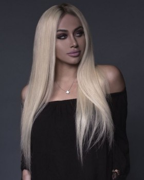 Medium Length Brown Roots Blonde Hair Wigs Platinum Blonde Straight Wig